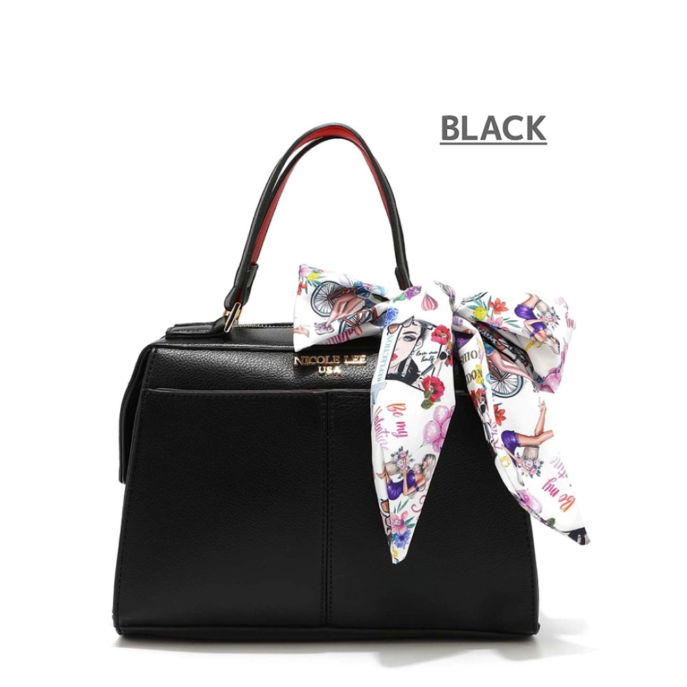 レディース ロゴ スカーフ付き スクエア ハンドバッグ（BLACK）